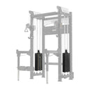 Grey Mikolo power rack with dual black weight stacks, cable pulley systems, and adjustable mounting holes
