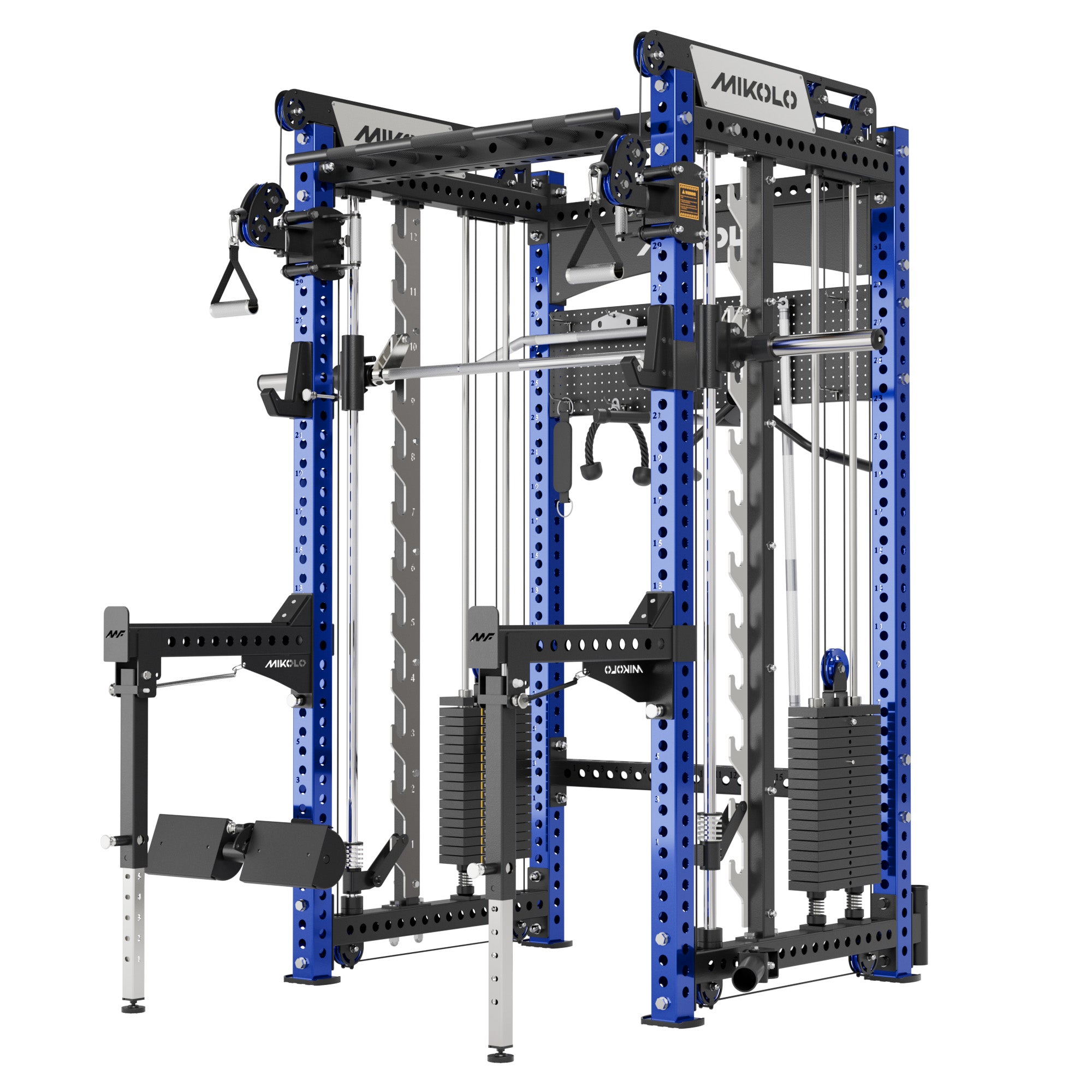 Blue and black Mikolo Smith machine and functional trainer combo with dual weight stacks and dip attachment