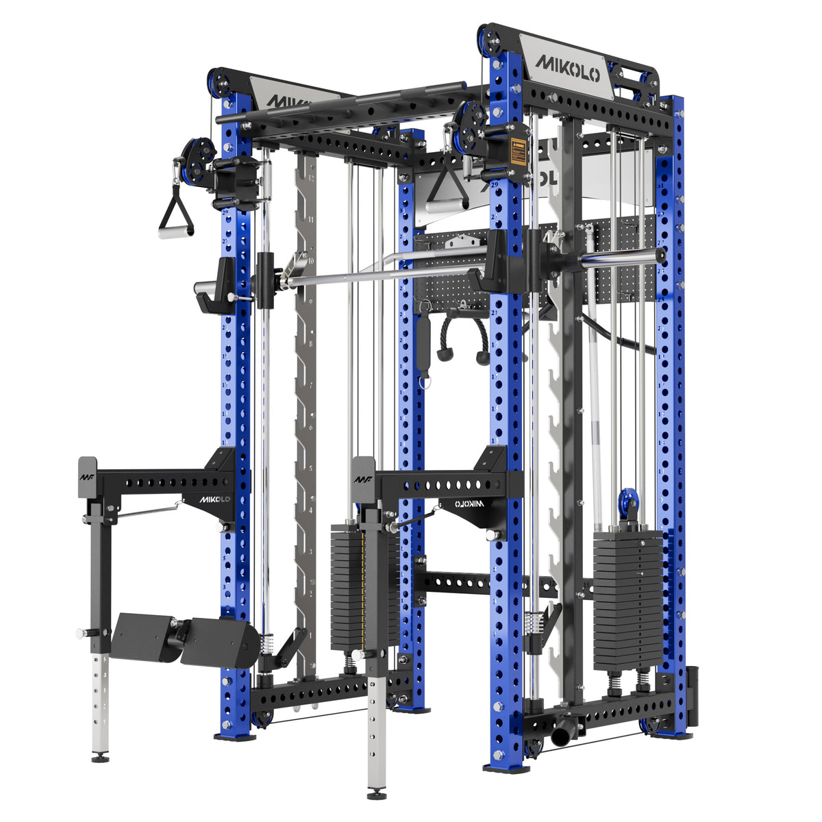 Blue and black Mikolo Smith machine and functional trainer featuring dual weight stacks, cable pulleys, and dip station