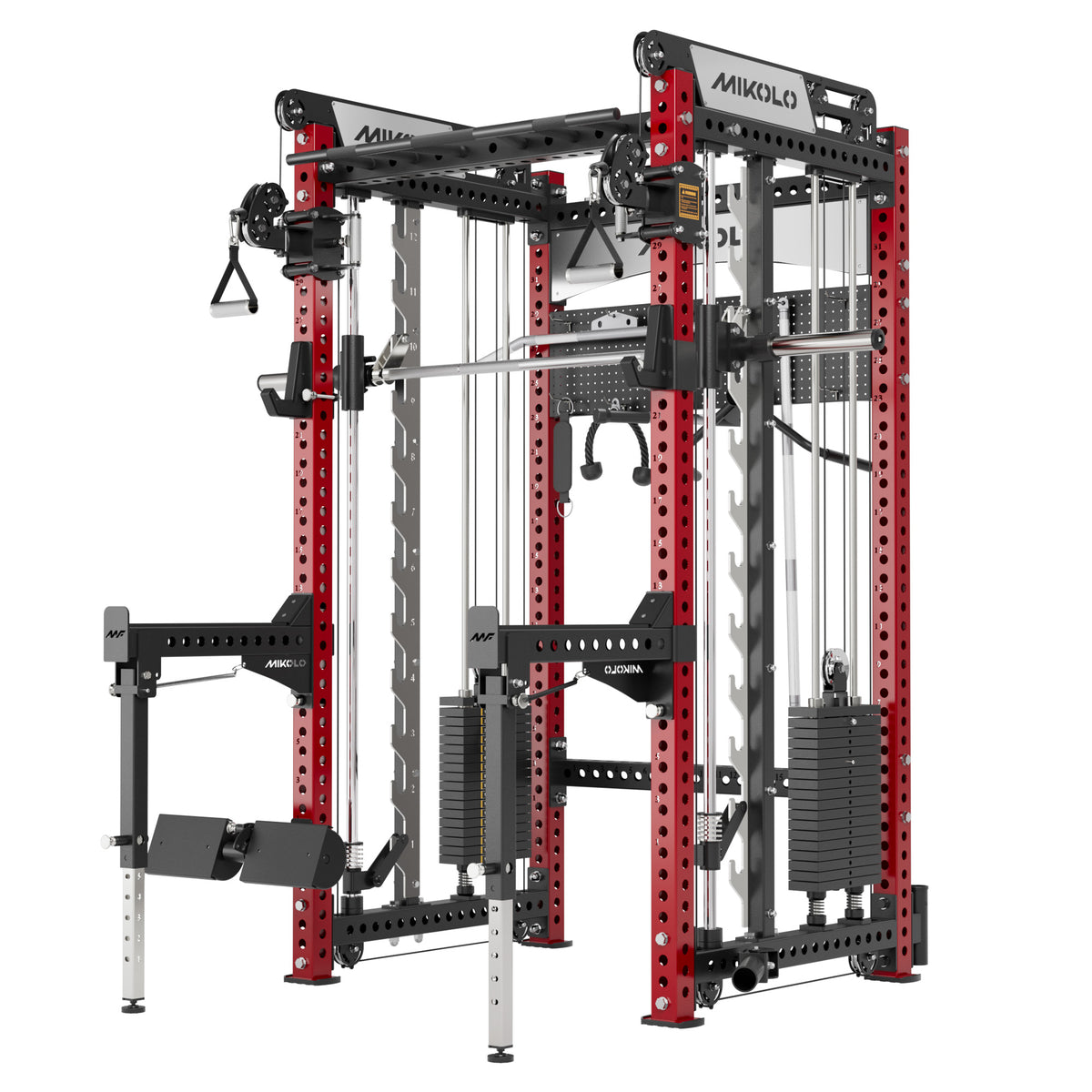 Red and black Mikolo functional trainer and Smith machine with dual weight stacks, cable pulleys, and dip station
