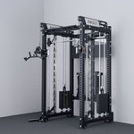 Black Mikolo power rack with Smith machine bar, dual cable pulley systems, weight stacks, and pull-up bar