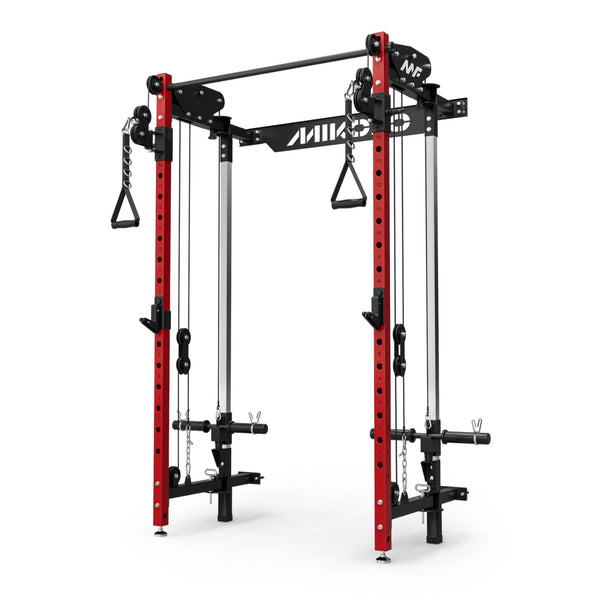 Red and black Mikolo functional trainer power rack with dual cable pulleys, triangle handles, and adjustable height uprights