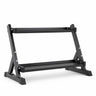 Black two-tier metal kettlebell rack with adjustable height settings and wide stabilizing feet