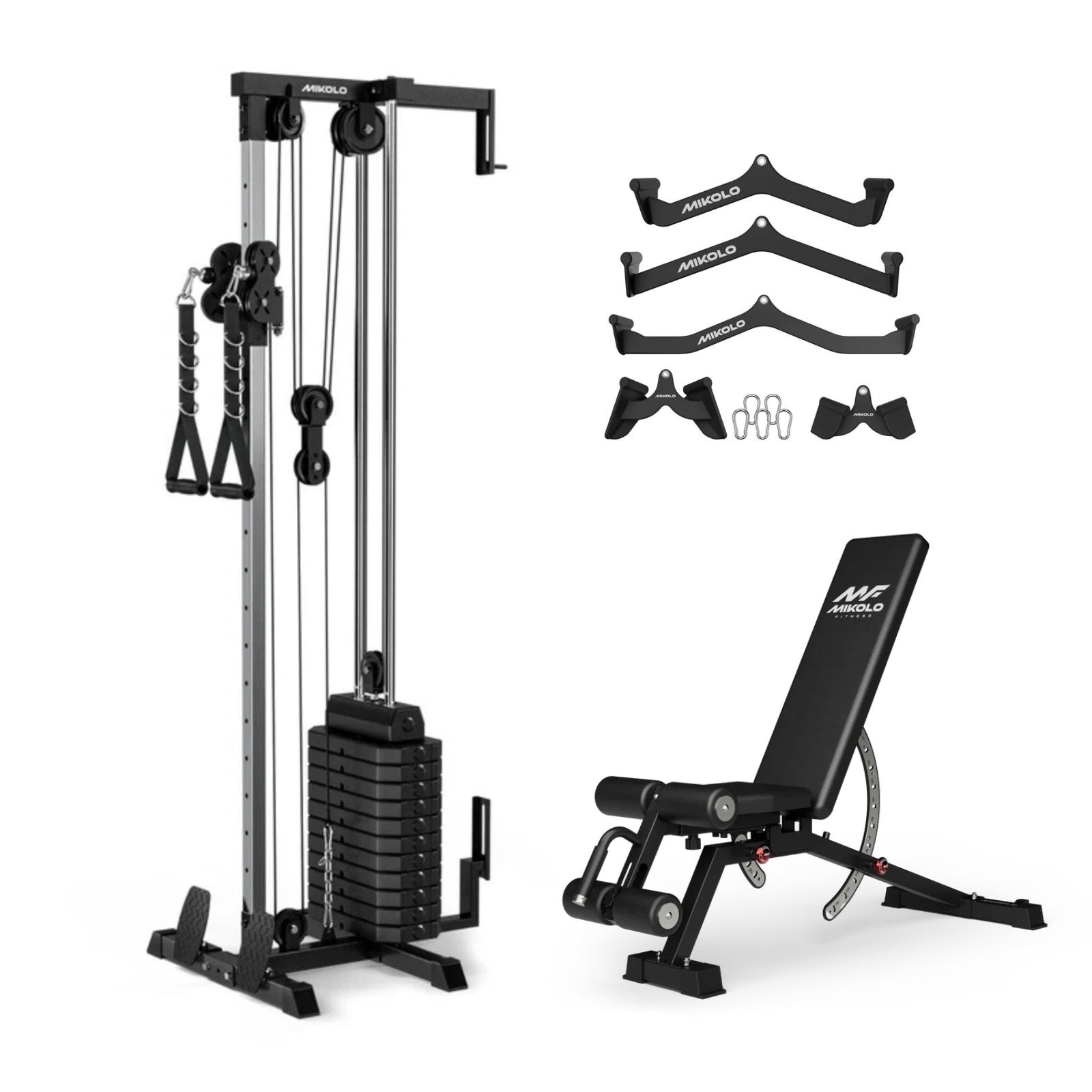 Mikolo G9 Cable Tower Station with weight stack, adjustable weight bench, and LAT pulldown attachments set, front view