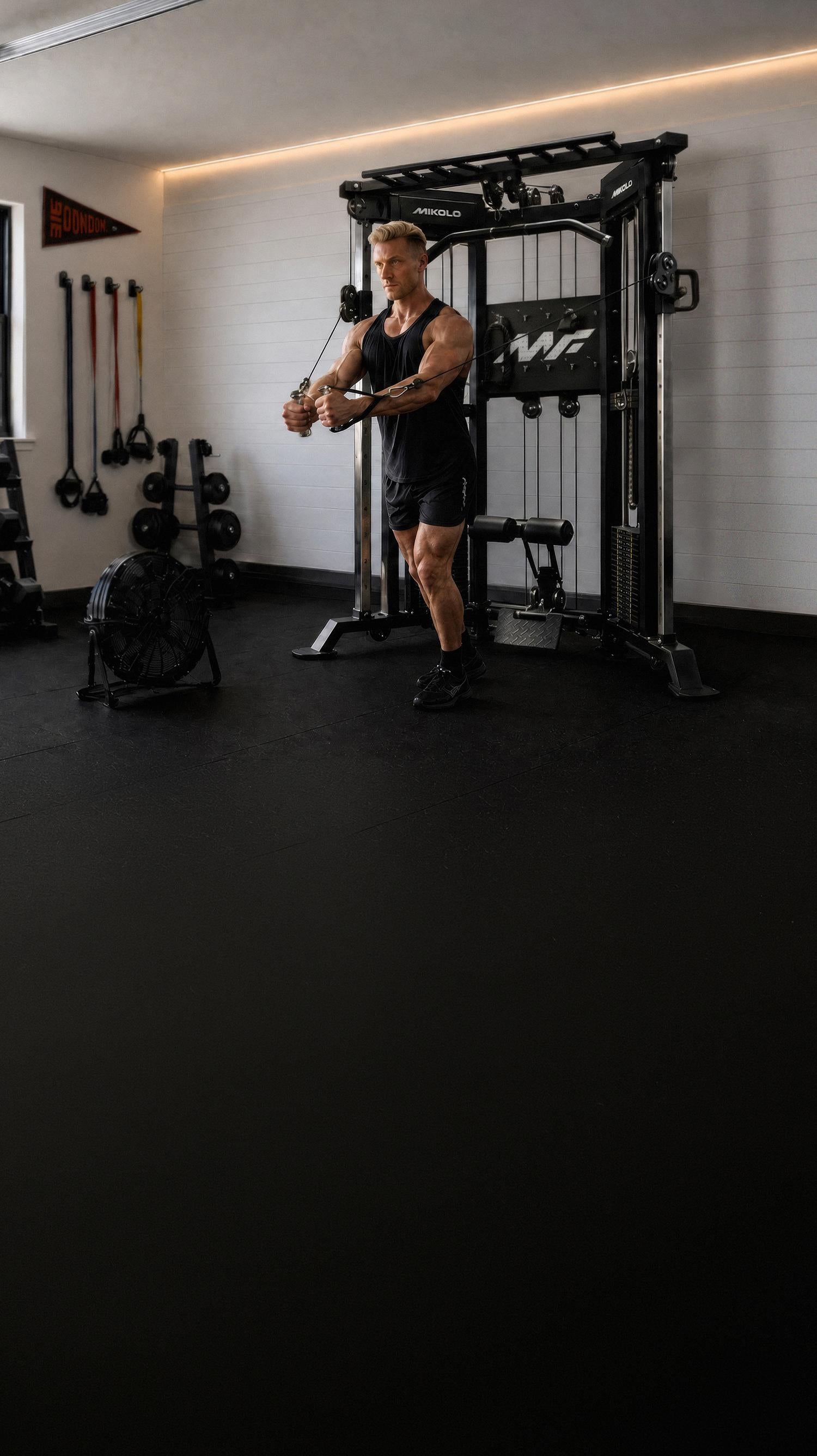 Muscular man performing a cable chest fly on a black Mikolo functional trainer in a home gym