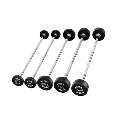 Five Mikolo fixed barbells with silver handles and black weight plates, weighing 10, 20, 30, 40, and 50 lbs
