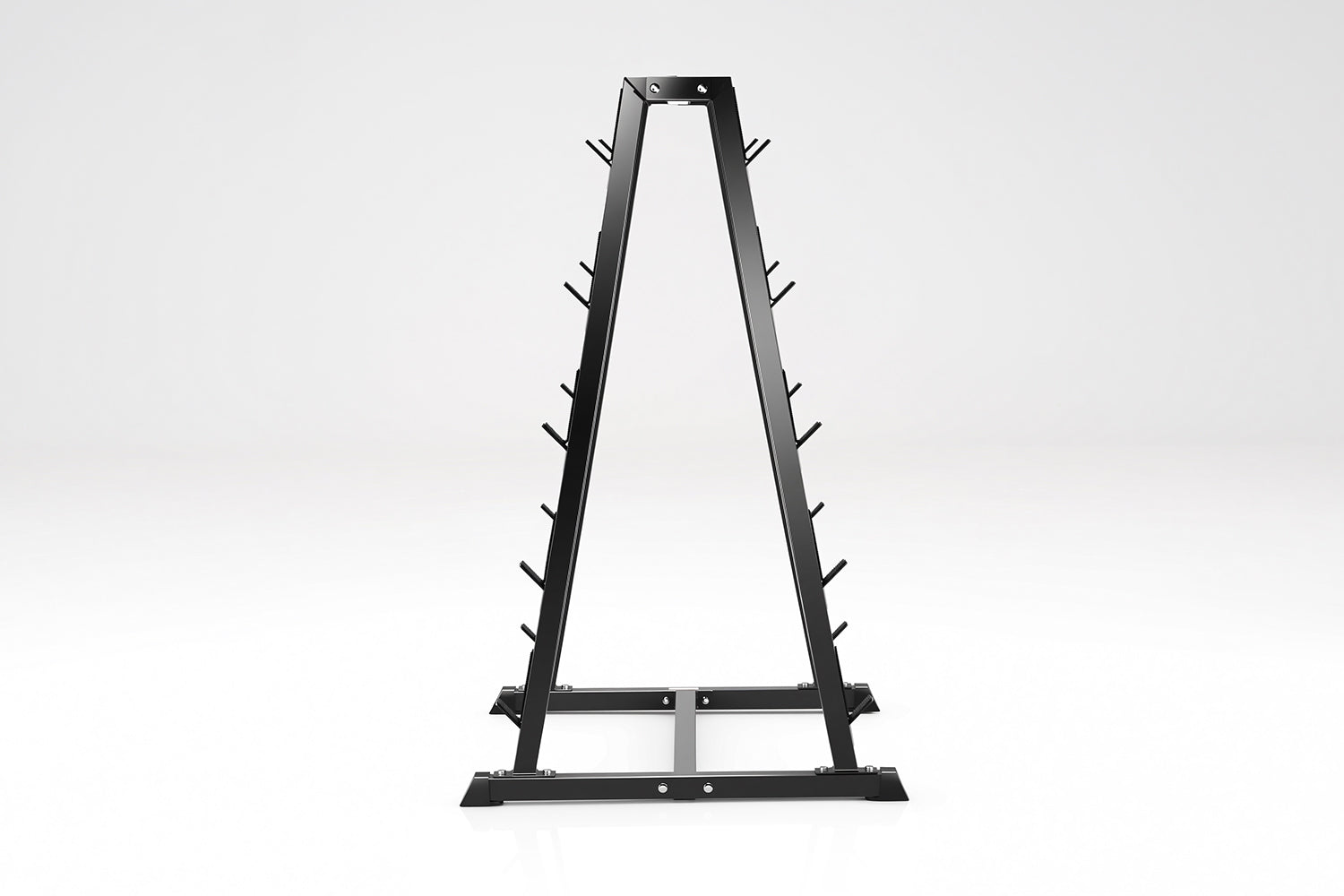 Black metal A-frame rack with multiple angled pegs on both sides for storing barbells or weight plates