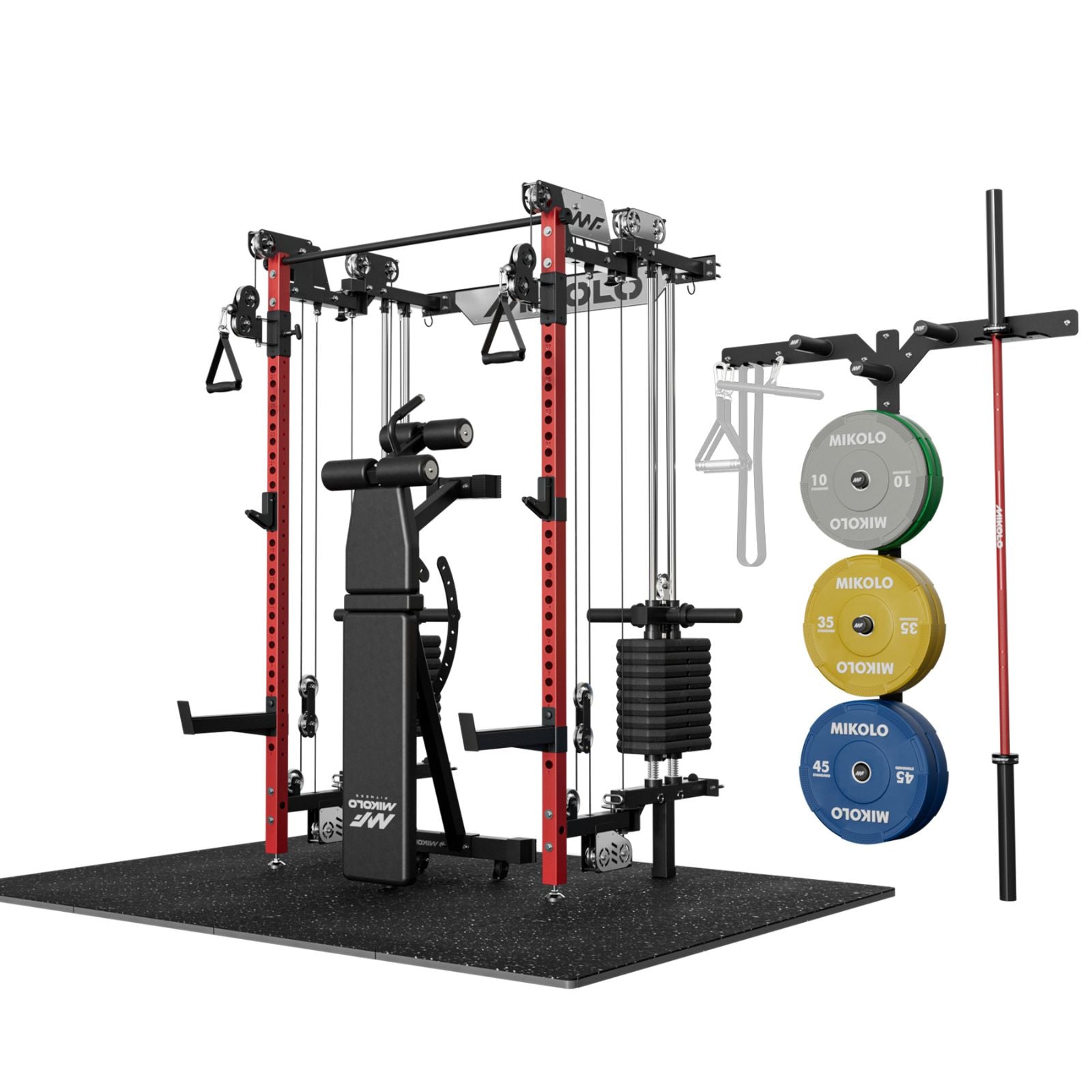 Mikolo Cheetah 2.0 Elite folding power rack home gym bundle in red, featuring dual weight stack cable system, adjustable bench, Olympic barbell, colored bumper plates, floor mats, and wall mount storage.