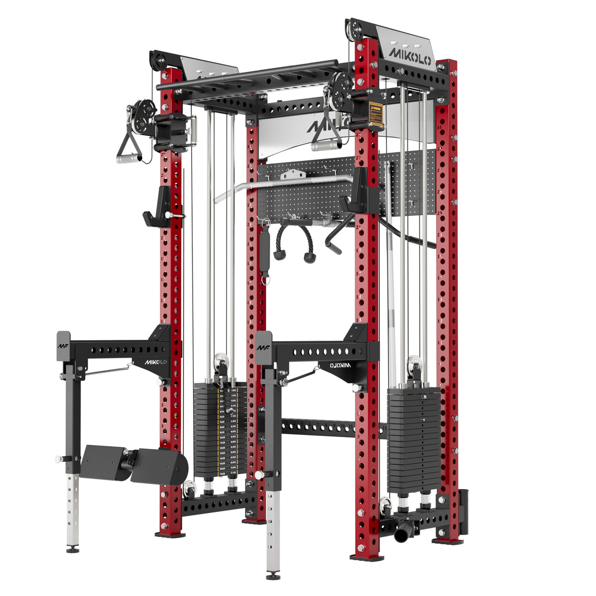 Red and black Mikolo functional trainer power rack with dual weight stacks, pulley cables, and various exercise attachments