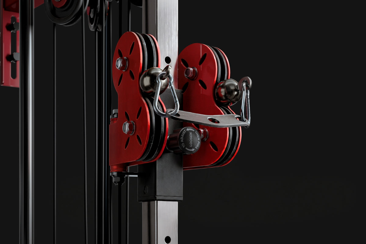 Mikolo G3 adjustable dual pulley system close-up showing 1:1 and 2:1 cable pulley ratio switch