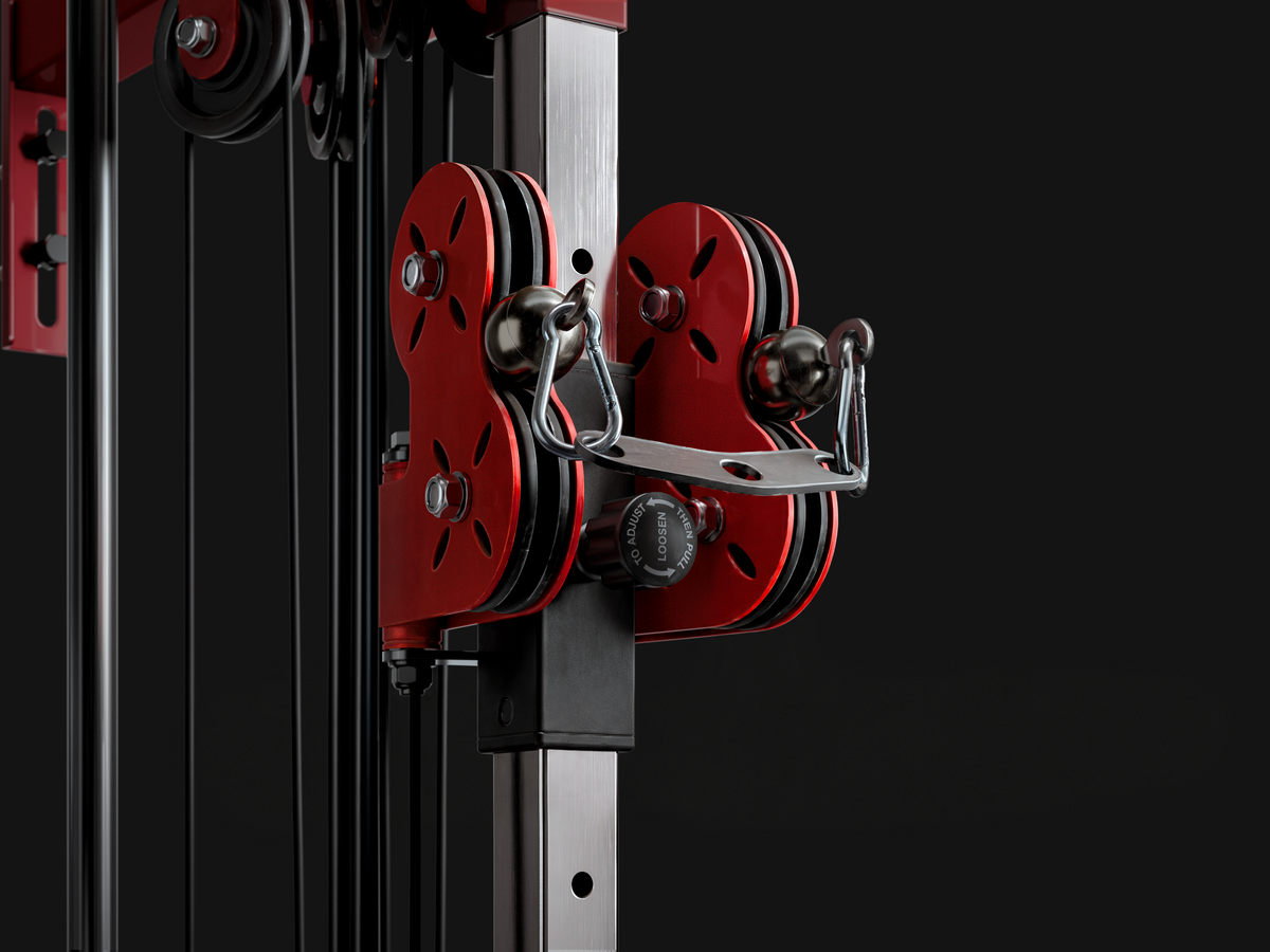 Mikolo G3 adjustable dual pulley system close-up showing 1:1 and 2:1 cable pulley ratio switch