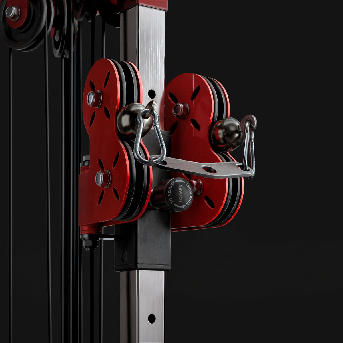 Mikolo G3 adjustable dual pulley system close-up showing 1:1 and 2:1 cable pulley ratio switch
