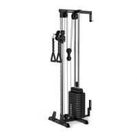 Black and silver Mikolo cable pulley tower machine with a weight stack, hanging handles, pulleys, and footrests