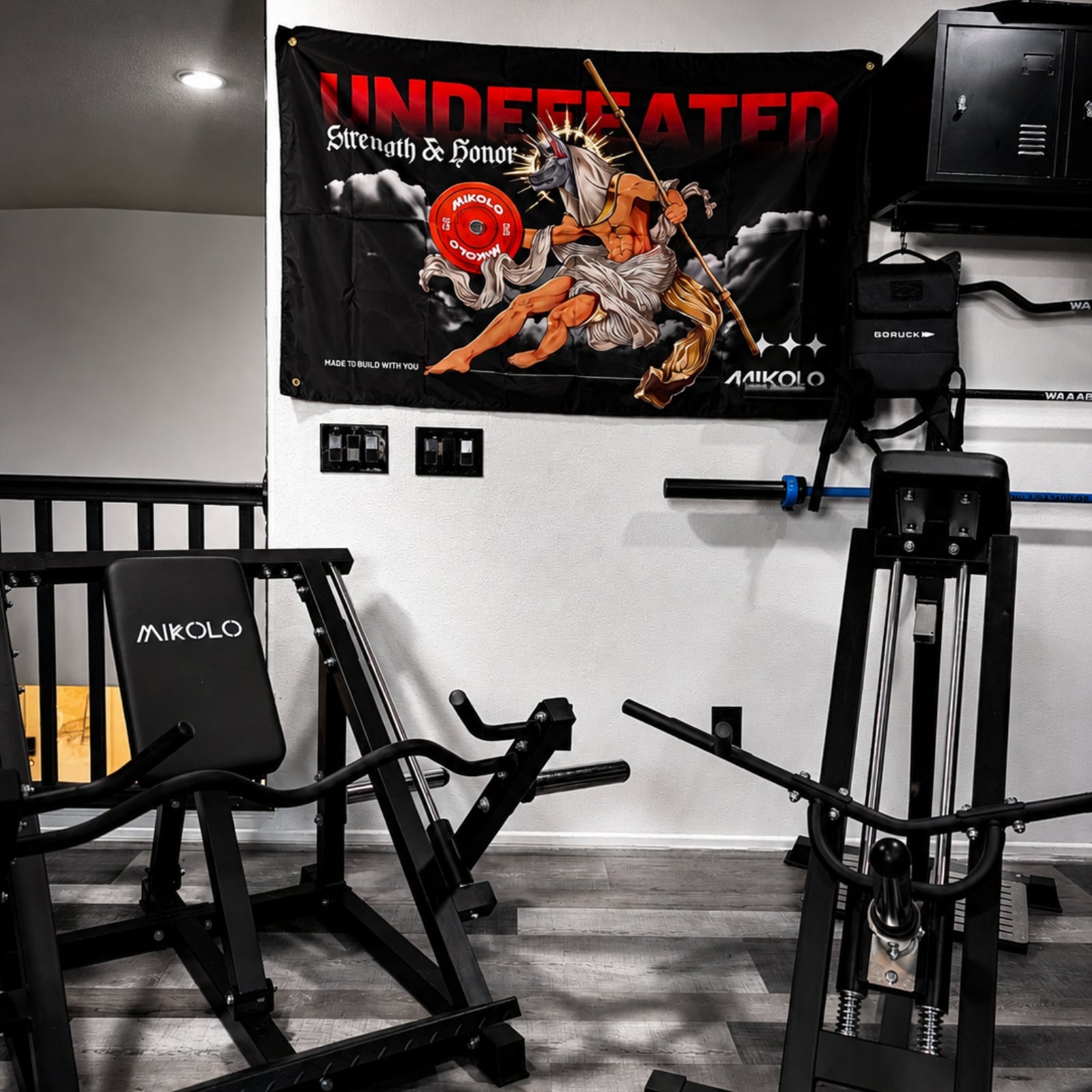 Mikolo GF02 home gym setup featuring the black UNDEFEATED gym flag with Anubis graphic and red weight plate on the wall.