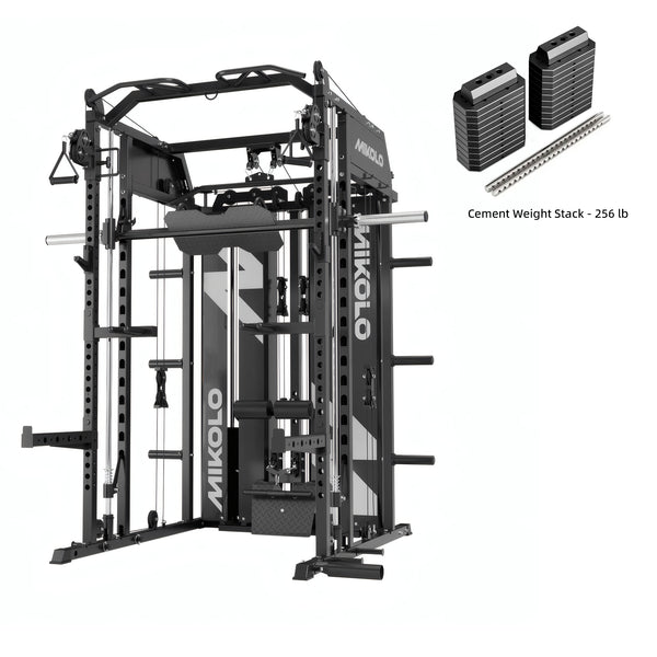 Black Mikolo Smith machine and functional trainer with pulleys, shown with 256 lb cement weight stacks and rods