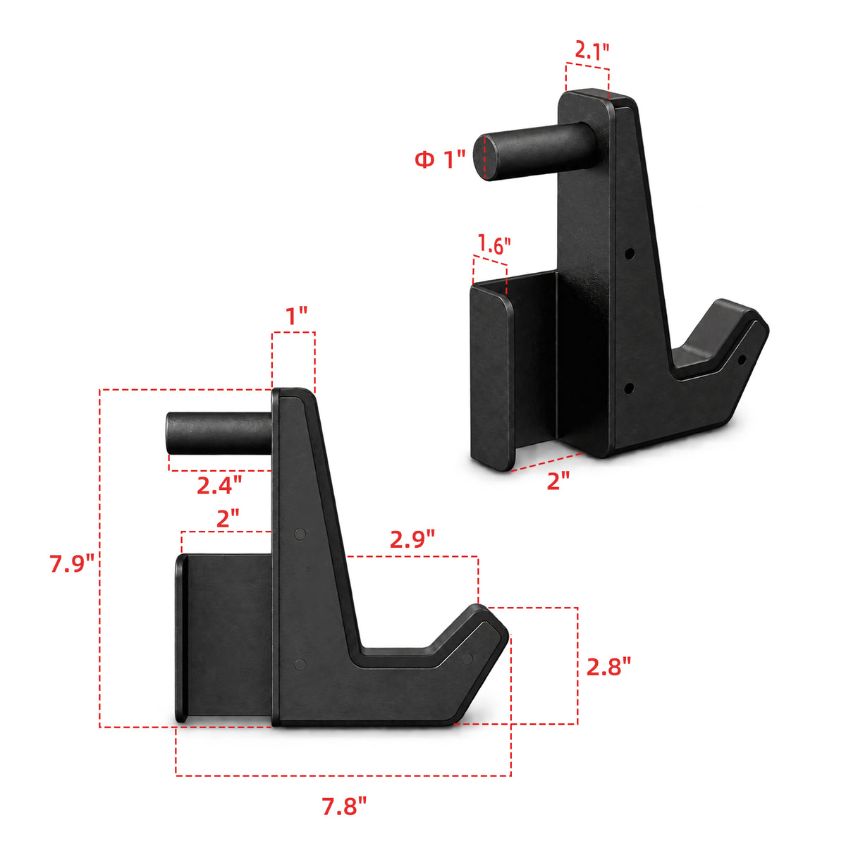 Black J-hook rack attachment with red dimension lines indicating measurements in inches such as 7.9 inch height and 7.8 inch 