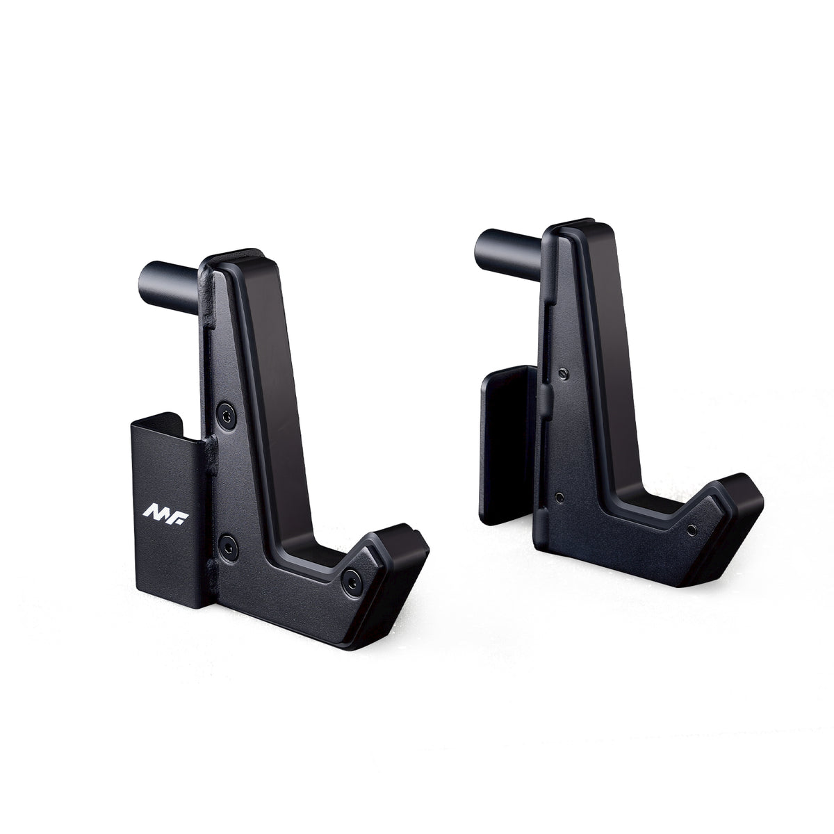 Two black metal J-hooks for a squat rack featuring a top pin and curved cradle, with an MF logo on the left unit