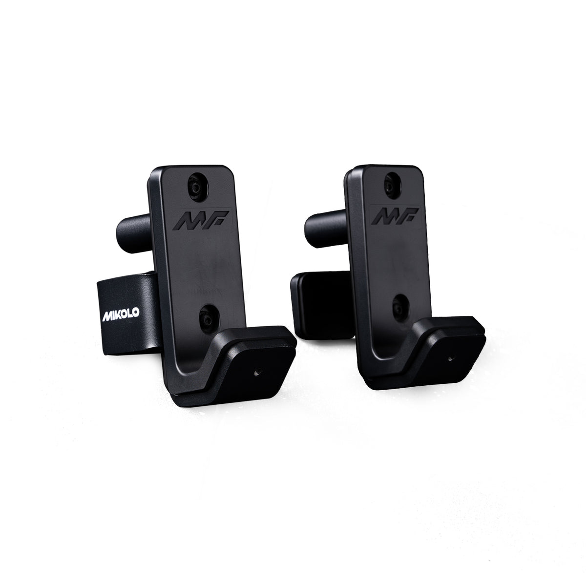 Two black metal Mikolo J-hooks with MF logo, featuring a side clamp for mounting on power rack uprights