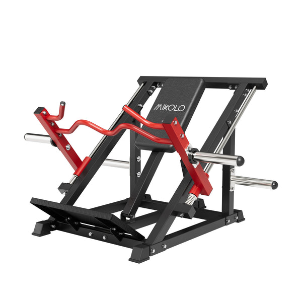 Black and red Mikolo linear bearing row machine featuring a padded backrest, curved handles, and silver weight horns