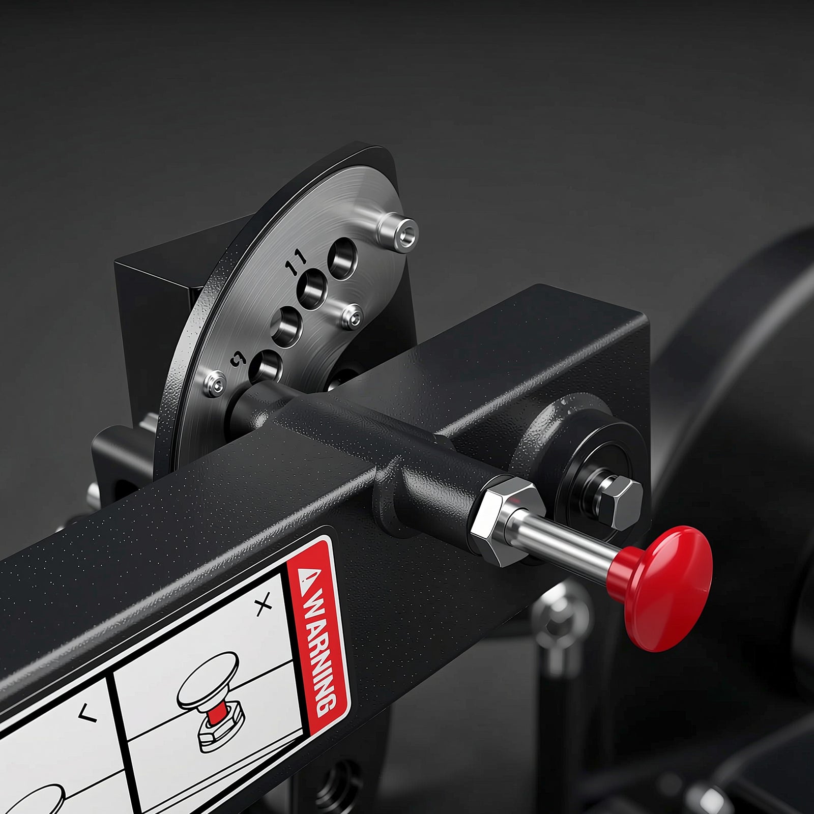 Close-up of a black gym machine frame with a numbered metal dial, silver pin, and red knob handle next to a warning label