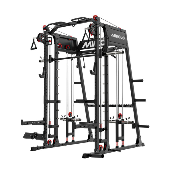 Black Mikolo Smith machine power rack featuring dual cable pulleys, pull-up bar, and red accents