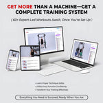 Graphic showing a phone, tablet, monitor, and laptop displaying expert-led workout videos for a complete training system