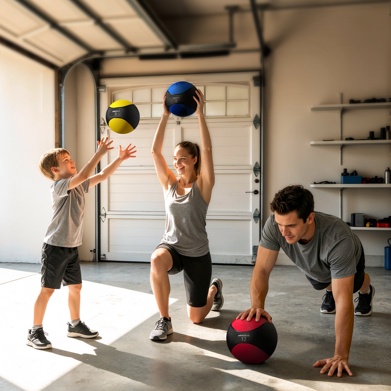 Family exercising in a garage with medicine balls; a boy catches a yellow ball, a woman holds a blue ball, and a man does a p