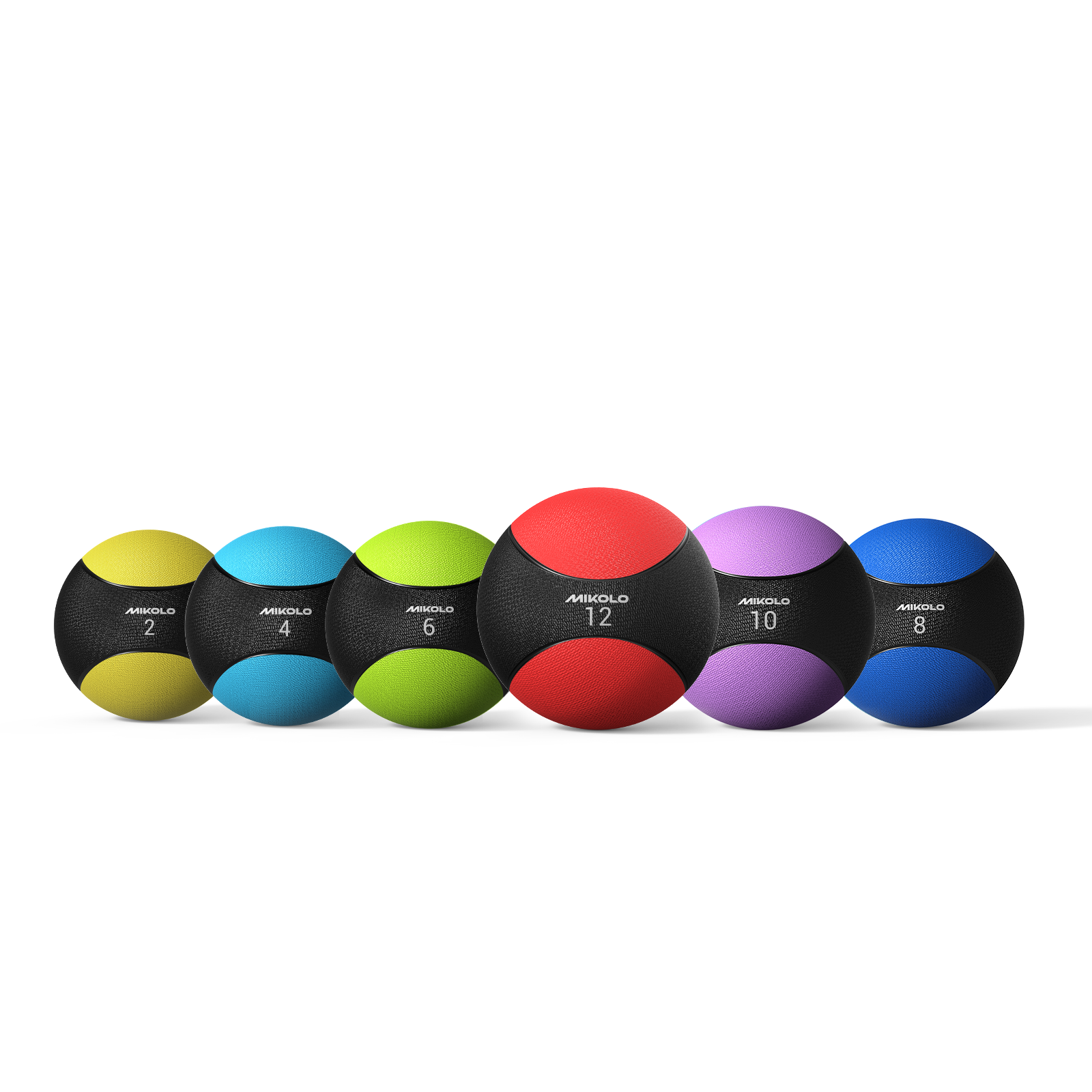 Six Mikolo medicine balls in yellow, cyan, lime, red, purple, and blue, labeled with weights 2, 4, 6, 12, 10, and 8