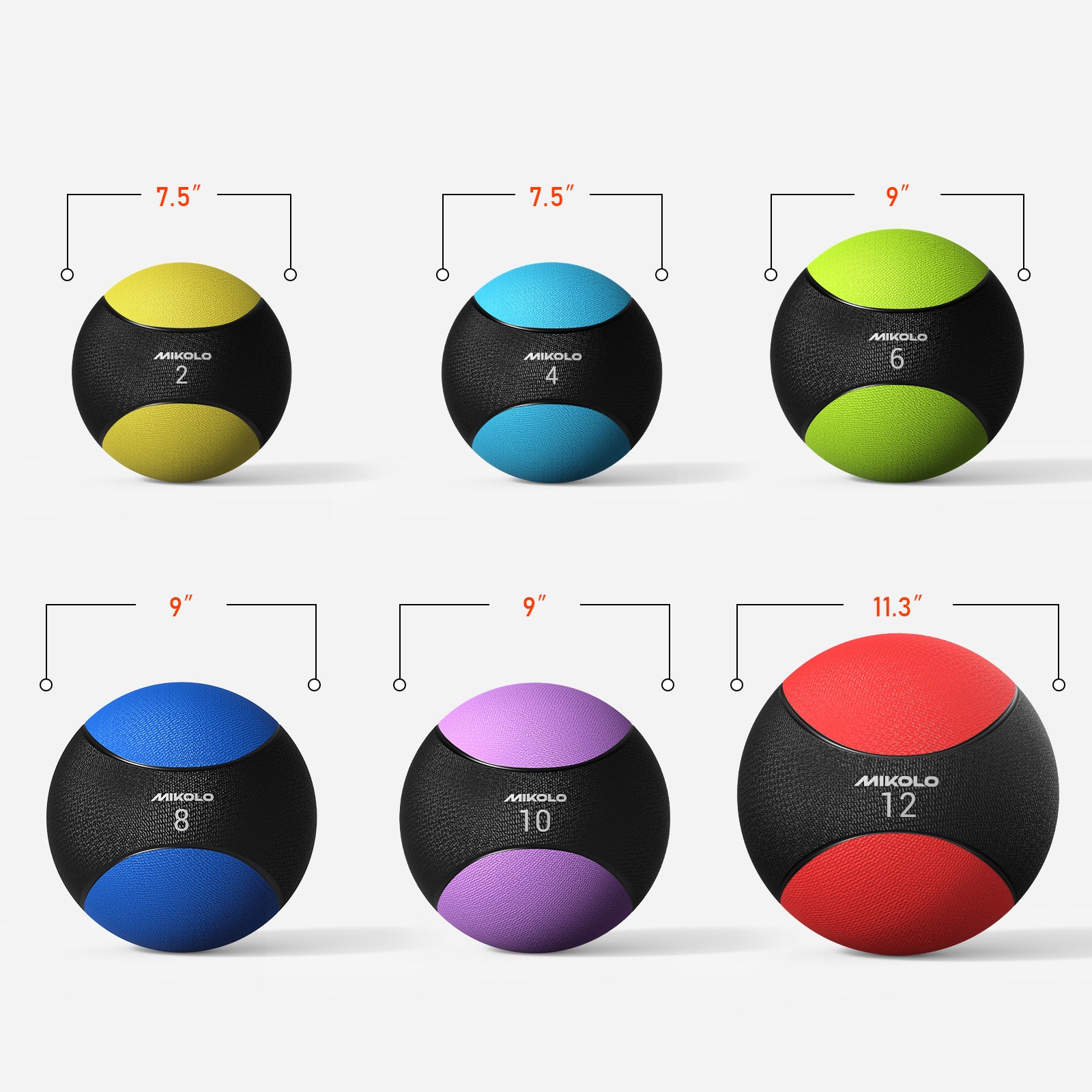 Mikolo medicine balls showing sizes: yellow 2 (7.5in), blue 4 (7.5in), green 6 (9in), blue 8 (9in), purple 10 (9in), red 12 (