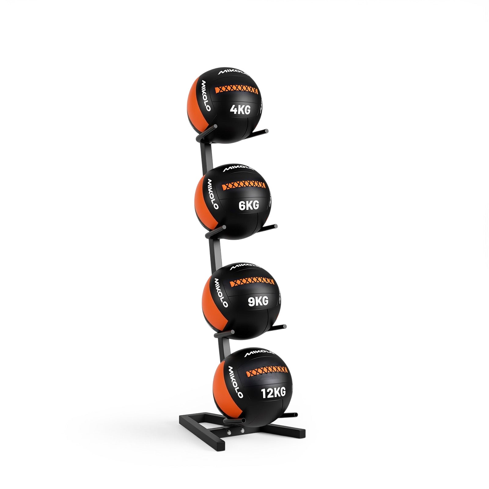 Vertical black metal rack holding four stacked black and orange Mikolo medicine balls weighing 4kg, 6kg, 9kg, and 12kg