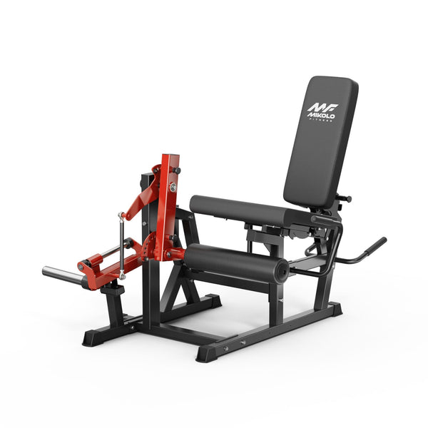 Red and black Mikolo leg extension and curl machine with padded backrest, seat, thigh support, and leg rollers
