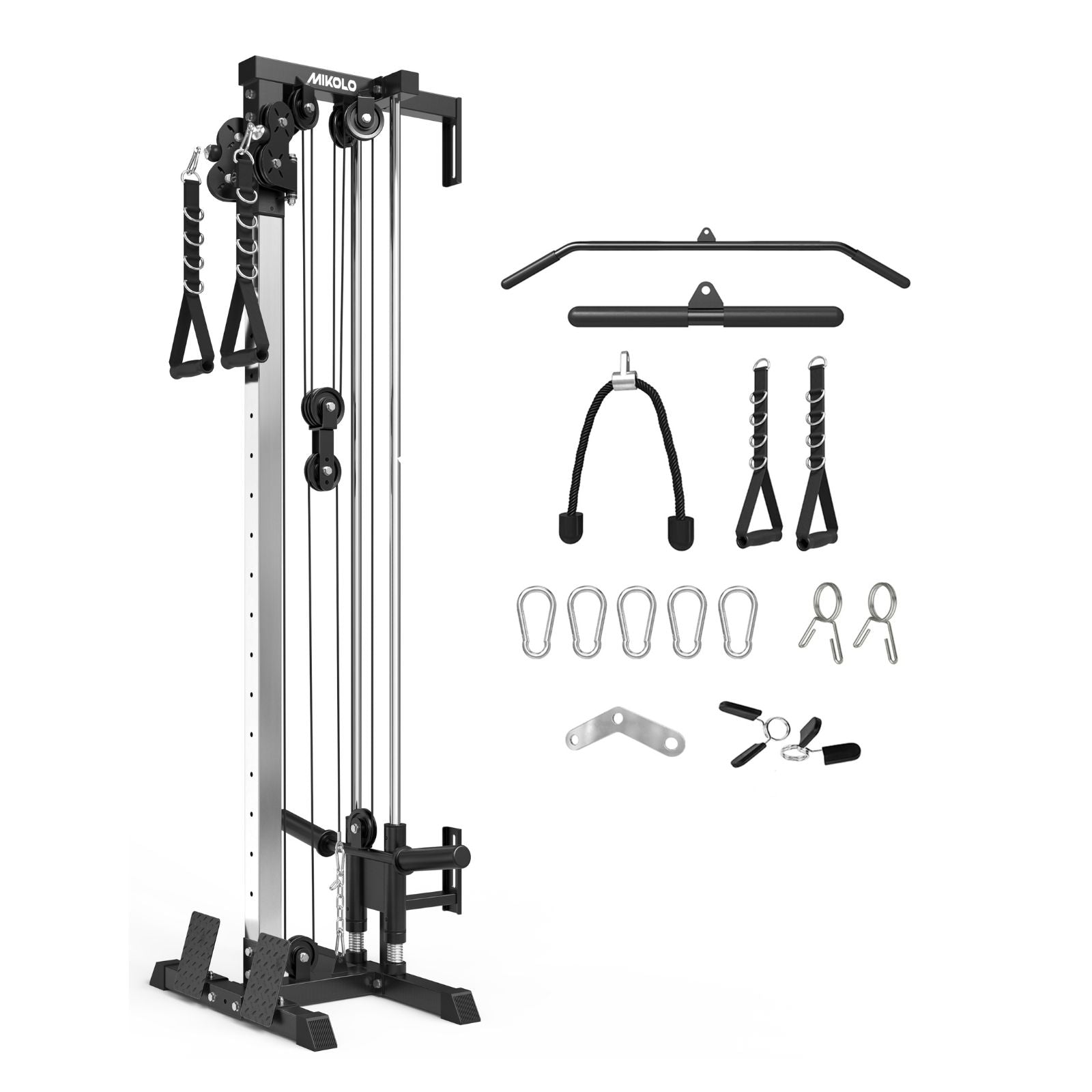Mikolo Plate Loaded Pulley Tower G3 in black with included cable attachments, front side view