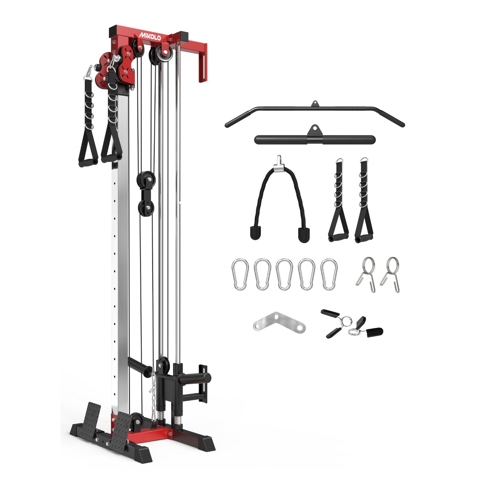 Mikolo Plate Loaded Pulley Tower G3 in red with included cable attachments, front side view