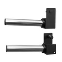 Two black wall-mounted racks with horizontal stainless steel bars, one with a round knob and the other with a cylindrical peg