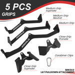 Five black Mikolo lat pulldown attachments: three long medium grips, two short close grips, and a silver carabiner clip