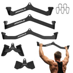 Black MIKOLO cable machine attachments: wide grip bars, shorter bars, and clips, with a man demonstrating a pulldown