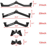 Five black Mikolo gym attachments with red dimension lines showing widths and heights, labeled 31, 23, 20, 12, and 13 inch