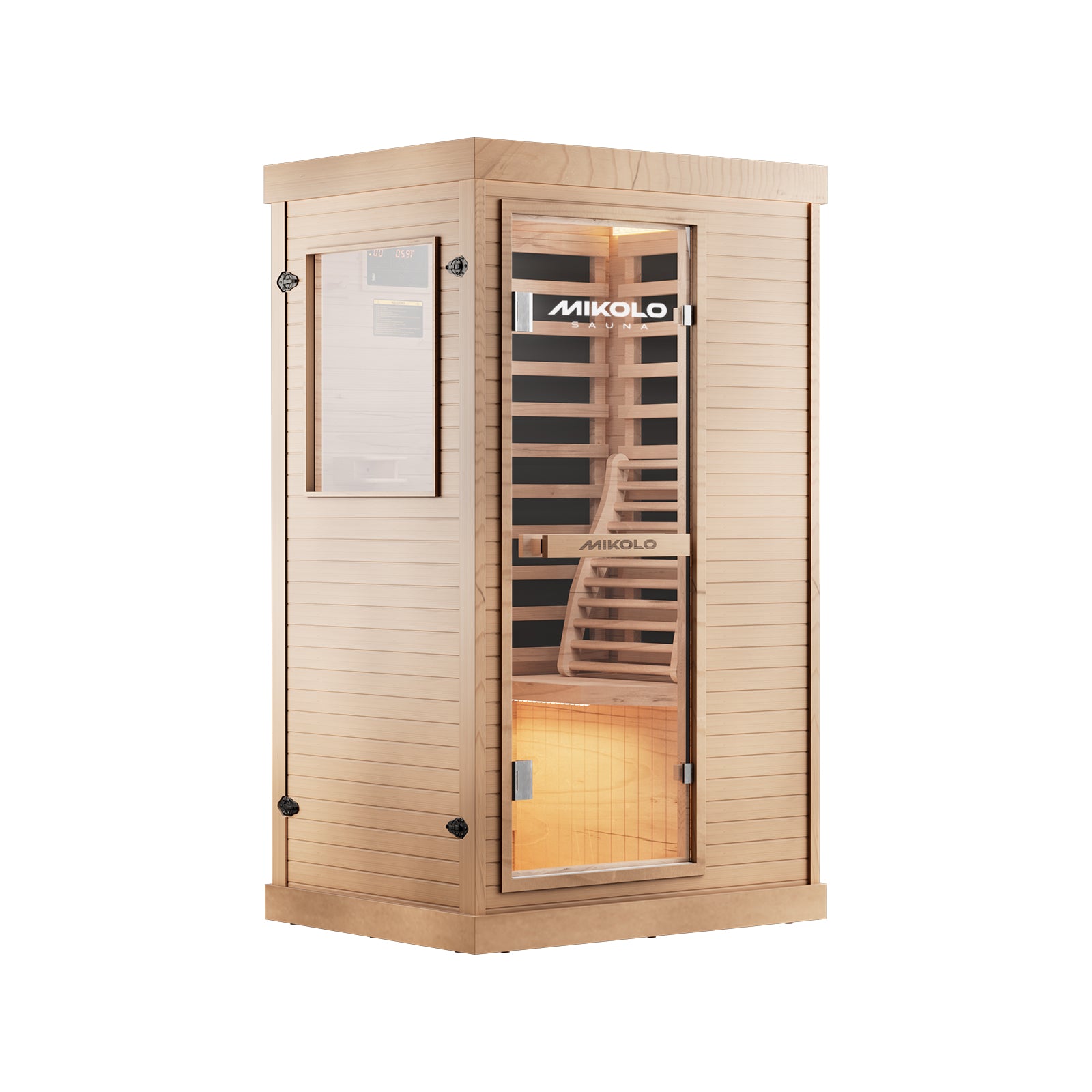 Natural wood Mikolo sauna cabin with a glass door, interior bench, and side control panel