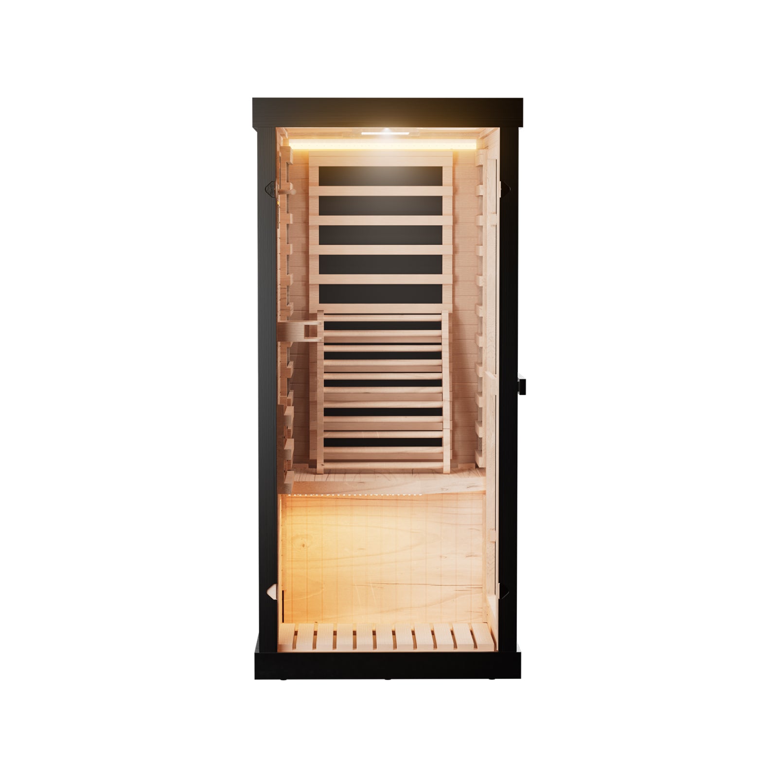 One-person infrared sauna interior with light wood walls, black frame, back heating panels, bench, and slatted floor