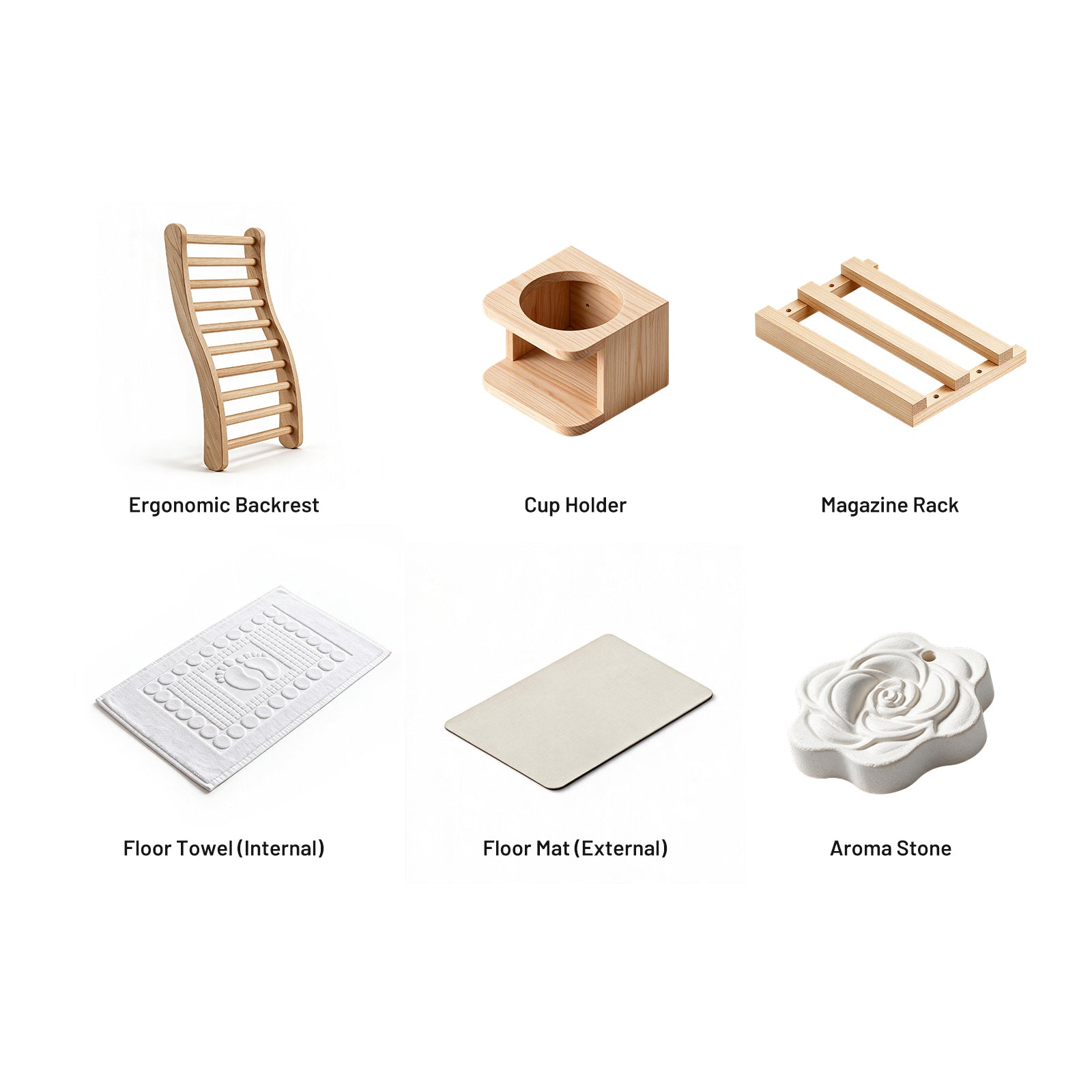 Six sauna accessories: wooden backrest, cup holder, magazine rack, floor towel, floor mat, and flower aroma stone.