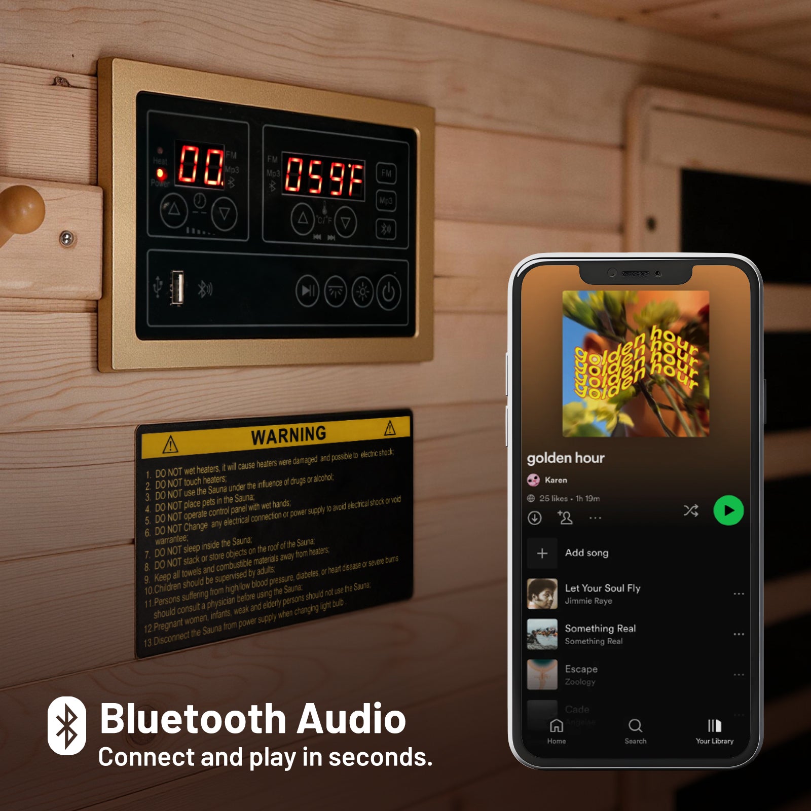Sauna control panel with digital display and buttons next to a smartphone playing music, showing Bluetooth audio connectivity