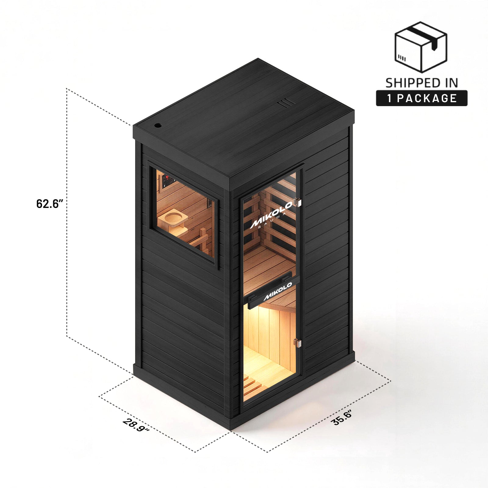 Black Mikolo sauna with glass door and side window, wooden interior, dimensions 62.6 by 28.9 by 35.6 inches, shipped in one p