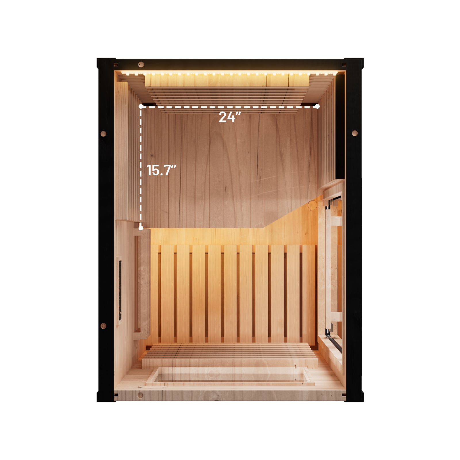 Interior of a wooden 1-person infrared sauna with black frame, showing labeled dimensions of 24 inches wide and 15.7 inches h