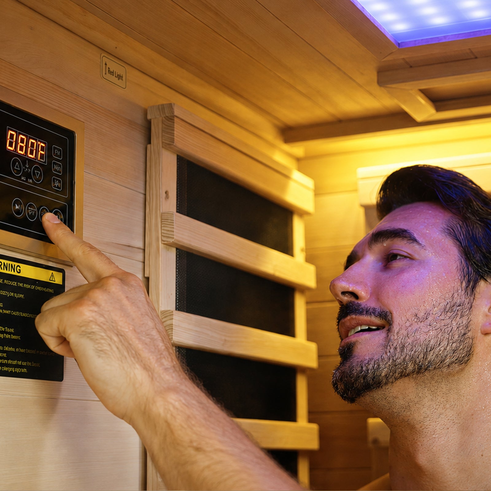 A man presses a button on the digital control panel inside a wooden infrared sauna