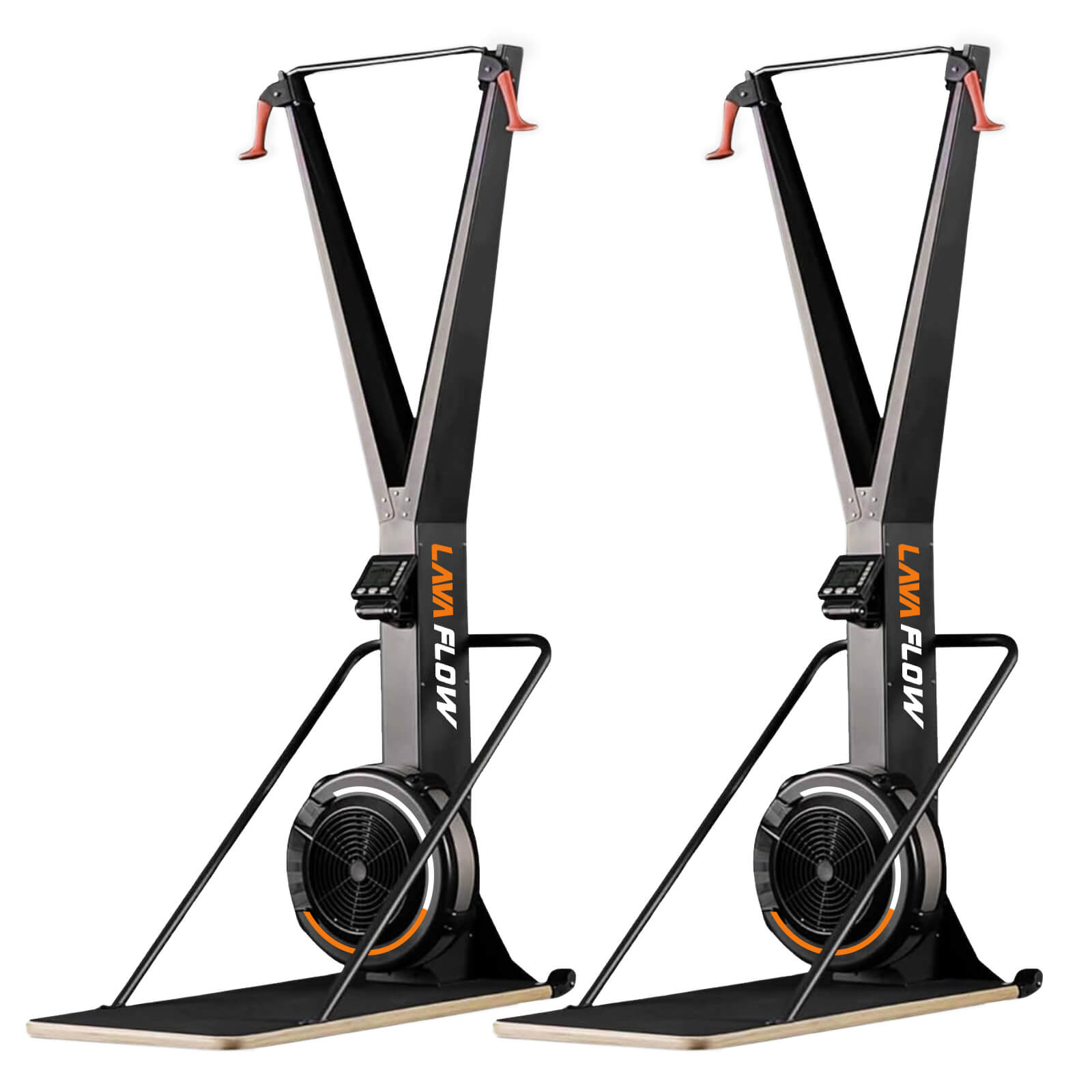 Two black and silver Lava Flow ski machines with orange accents, vertical handles, digital console, and fan resistance base