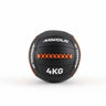 Black and orange Mikolo wall ball with white branding, 4KG weight text, and a laced orange stripe across the center