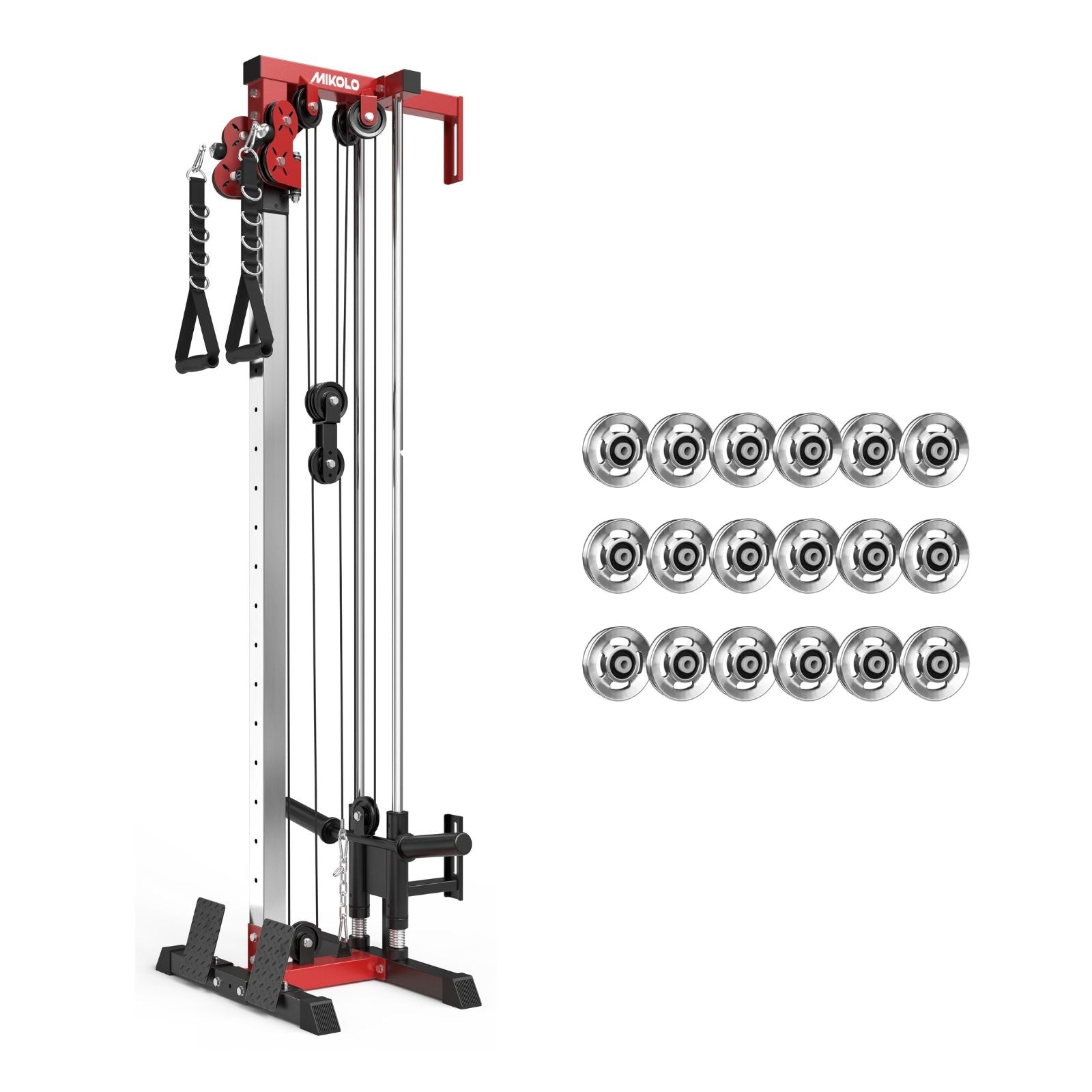 Mikolo G3 wall mounted pulley tower shown with 18 upgraded aluminum pulleys