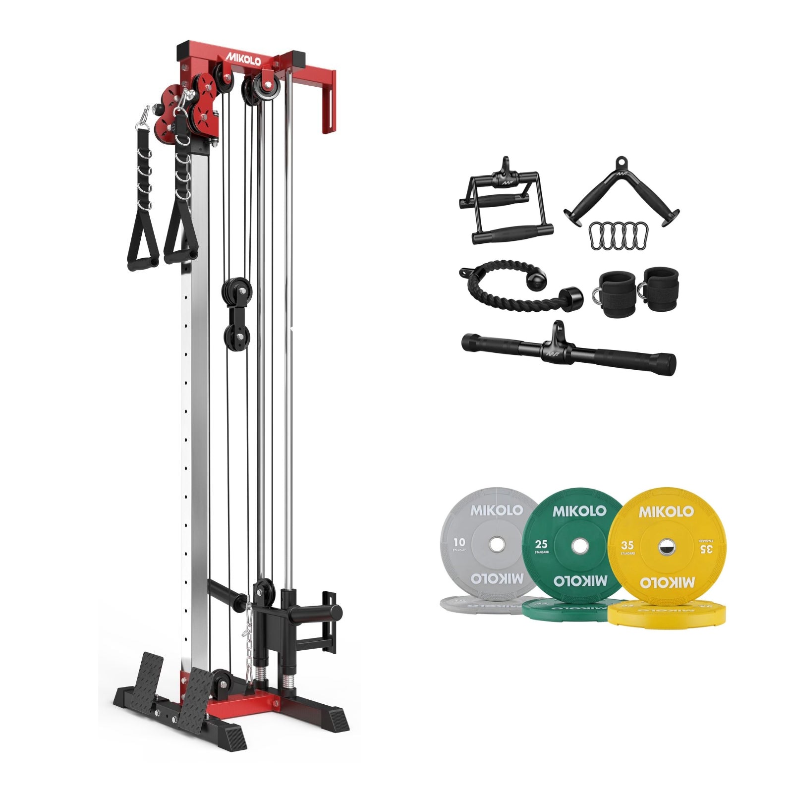 Mikolo G3 wall mounted pulley tower bundle with lat pull handles, tricep rope, ankle straps, and colorful weight plates.