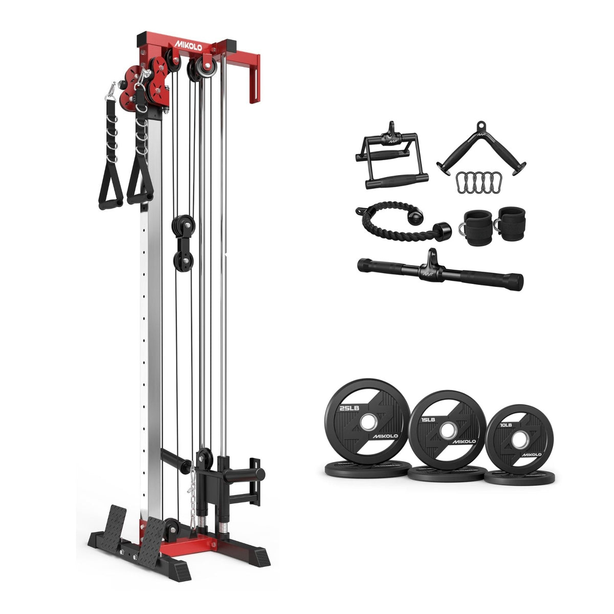 Mikolo G3 wall mounted pulley tower bundle with lat pull handles, tricep rope, ankle straps, and black weight plates.