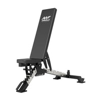 Black adjustable MIKOLO weight bench with padded backrest and seat, silver adjustment notches, and metal frame